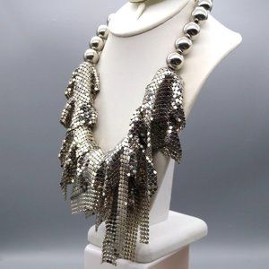 Disco Runway Mesh Statement Necklace, Large Silver Tone Beads